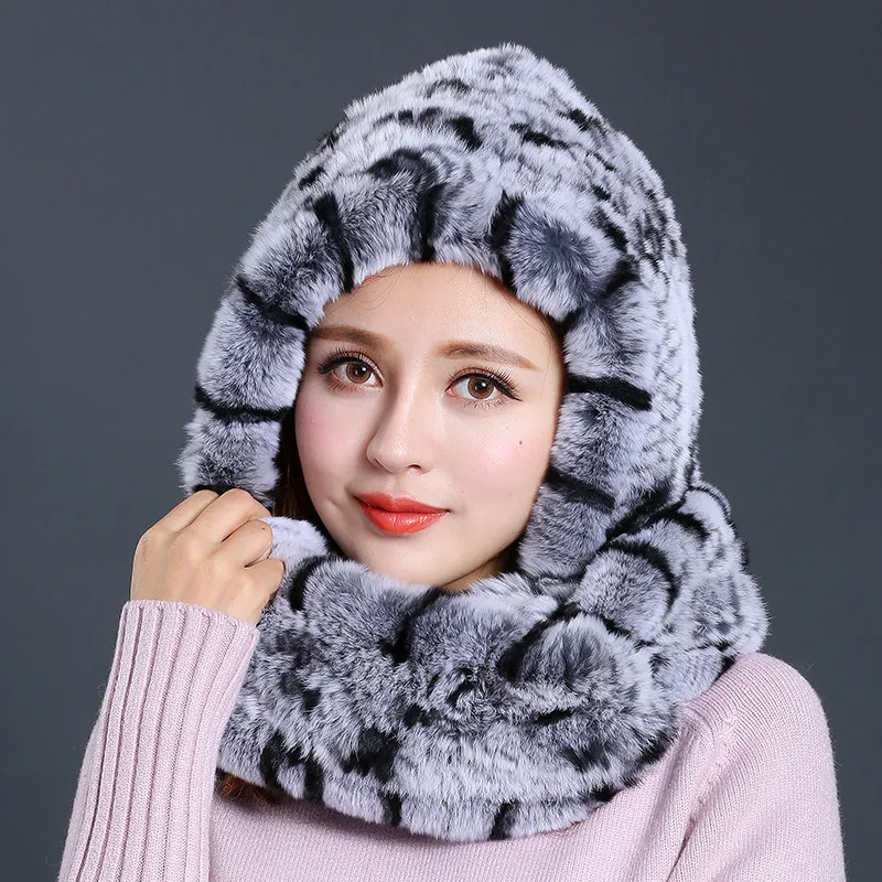 Rabbit Fur Hat Scarf One Female Winter Korean Version - Black