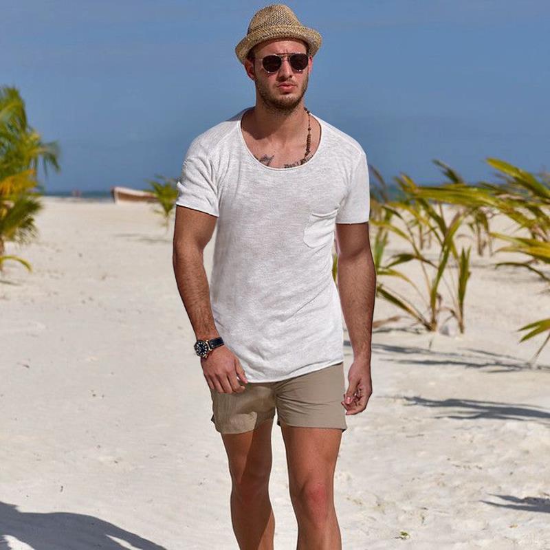 قميص رجالي صيفي جديد بياقة دائرية وجيب