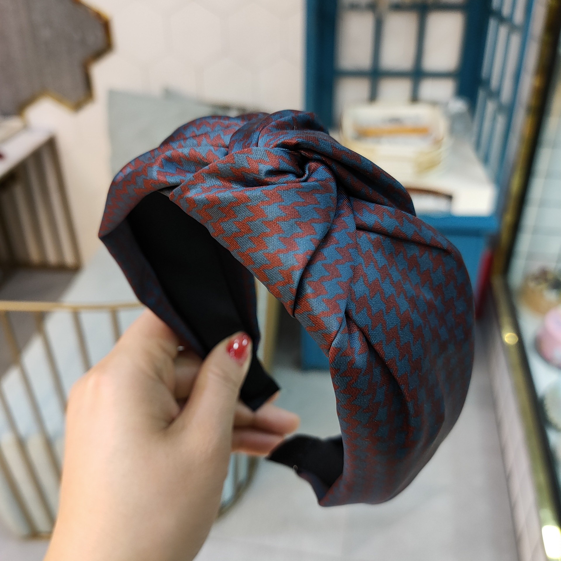 Vintage Houndstooth Print Hairpin Headband Navy Blue - Shop at LoveMi