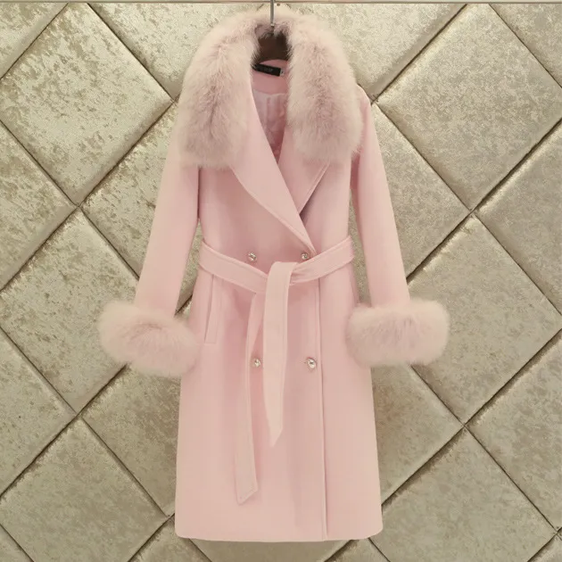 Slim fit Large Fur Collar Lengthened Thick Woolen Coat Pink - Shop at LoveMi