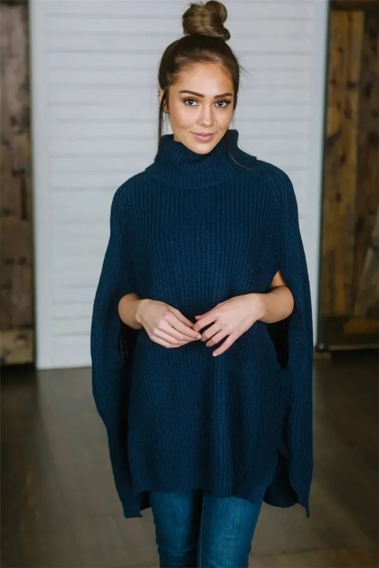 Sleeveless Turtleneck New Coat Sweater Shawl - Blue