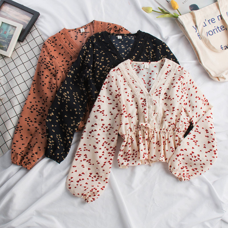Ladies V-neck Lace Long-sleeved Lace Shirt