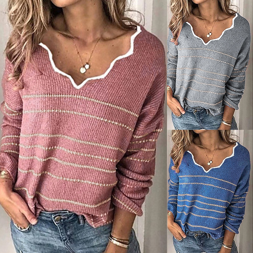 Solid Color Lace Top Casual Striped Lady Sweater