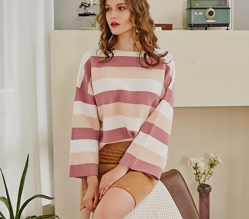 European and American women's round neck striped contrast pullover sweater
