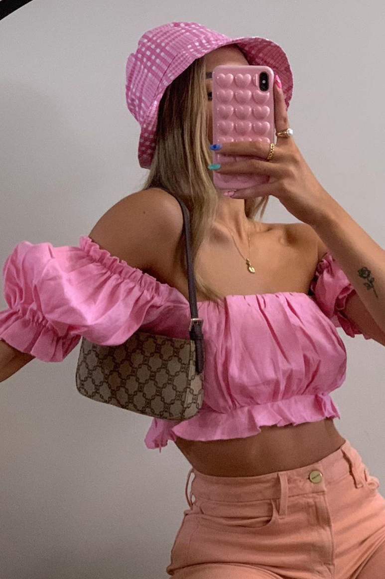 Pink bubble sleeve off shoulder short sleeve
