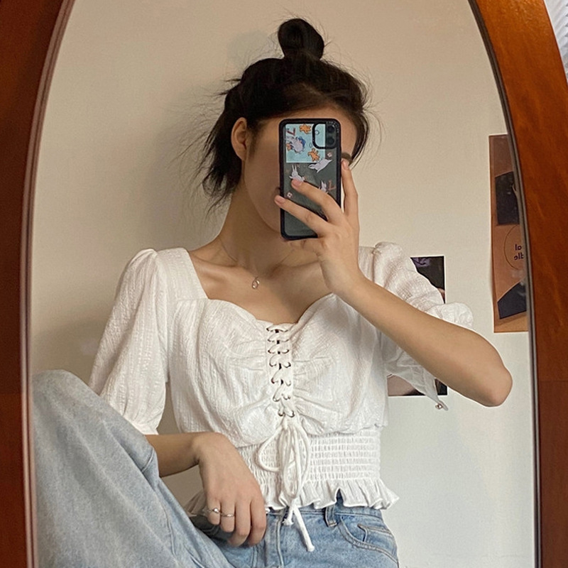 Square neck short sleeve white shirt