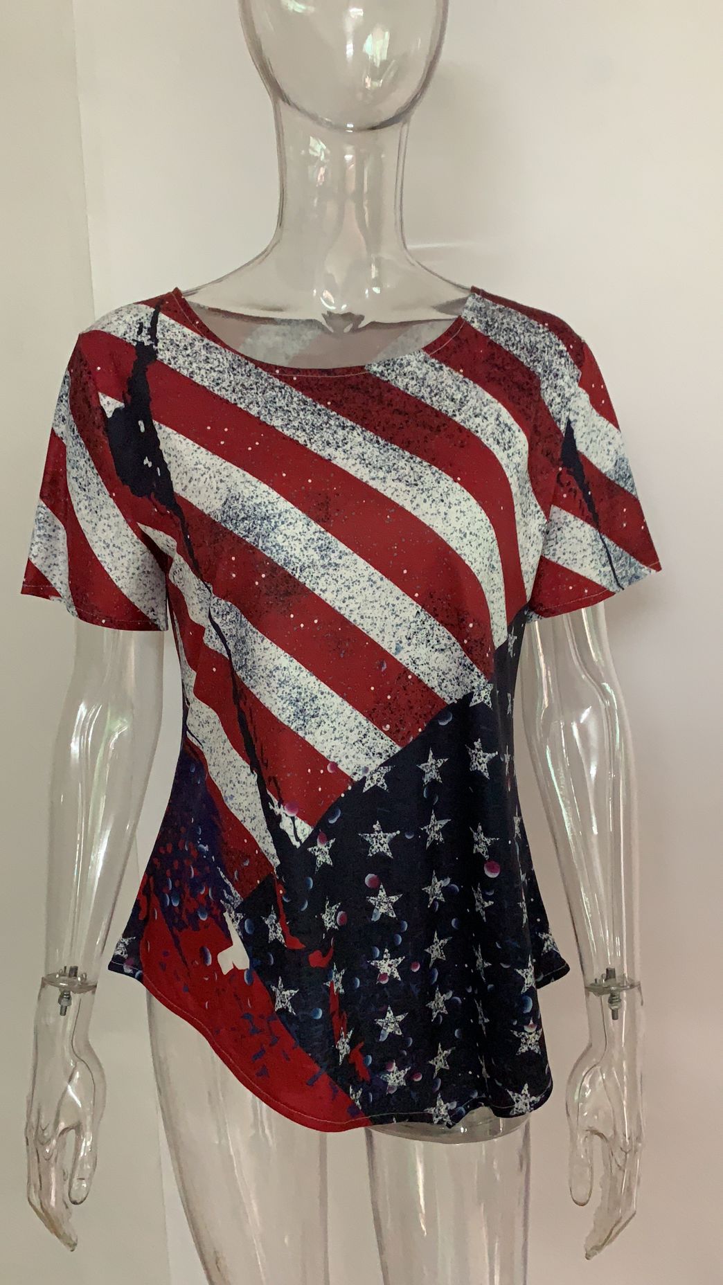 Irregular round neck T-shirt with flag print
