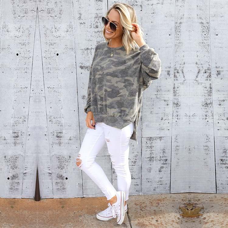 Color print t shirt round neck long sleeve Camouflage - Shop at LoveMi