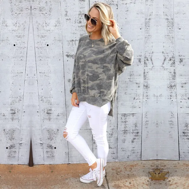 Color print t shirt round neck long sleeve Camouflage S - Shop at LoveMi