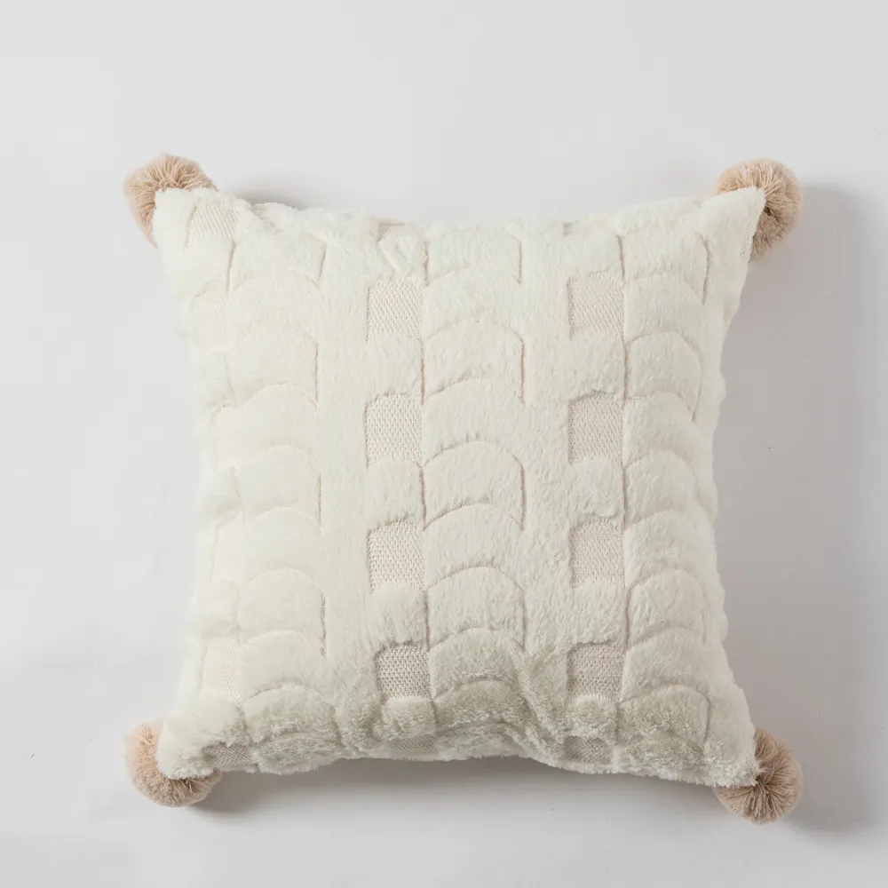 Solid color plush ball sofa cushion - White