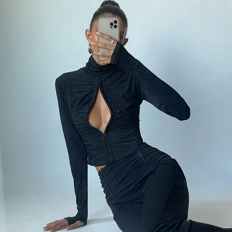 Long Sleeve Round Neck Fashion Short Cropped Solid Color Slim T-shirt