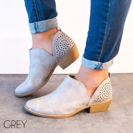 Short boots female pointed thick heel hollow Grey - Shop at LoveMi