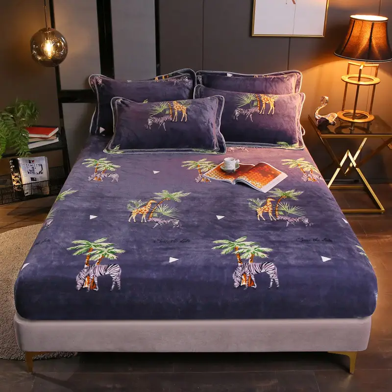 Flannel Cartoon Printed Fitted Sheet Single Piece Winter Thickened Warm Mattress Cover Non Slip Full Sheet