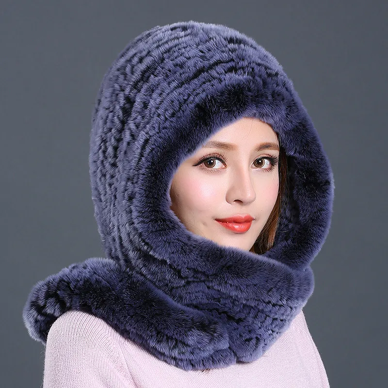 Rabbit Fur Hat Scarf One Female Winter Korean Version - Navy Blue