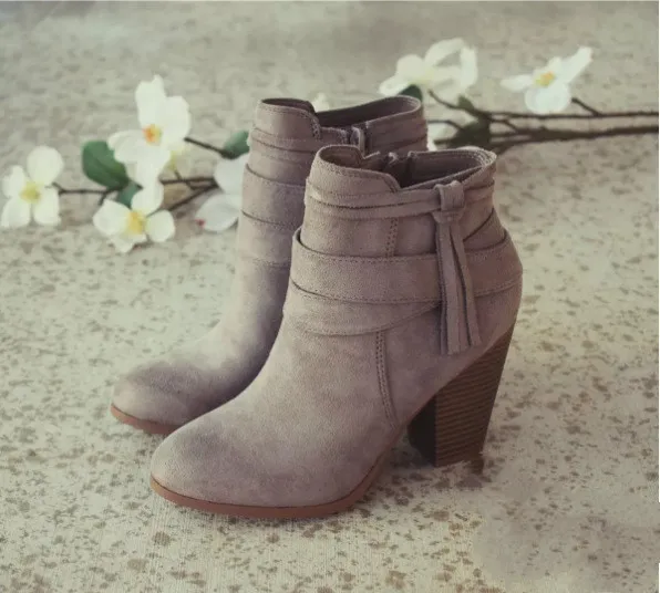 Women's suede side zipper chunky heel boots - Grey