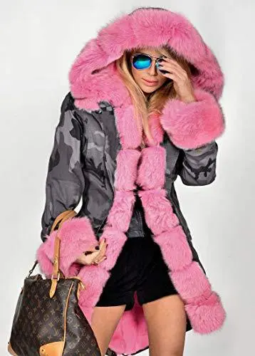 Hooded camouflage coat Grey Pink Fur - Shop at LoveMi