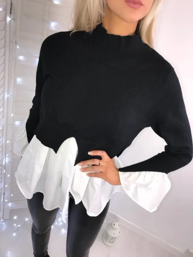 Stitching high neck long sleeve T shirt irregular top Black - Shop at LoveMi