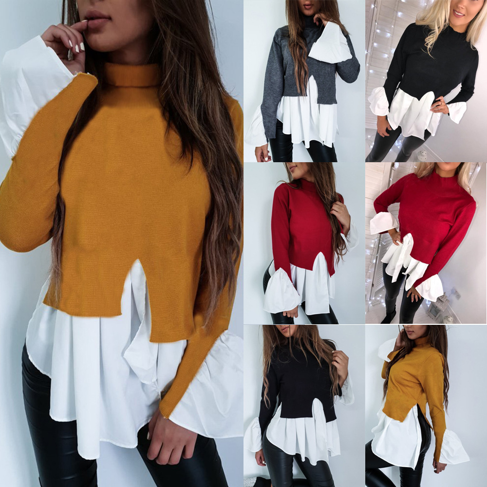 Ruffle stitching high neck long sleeves