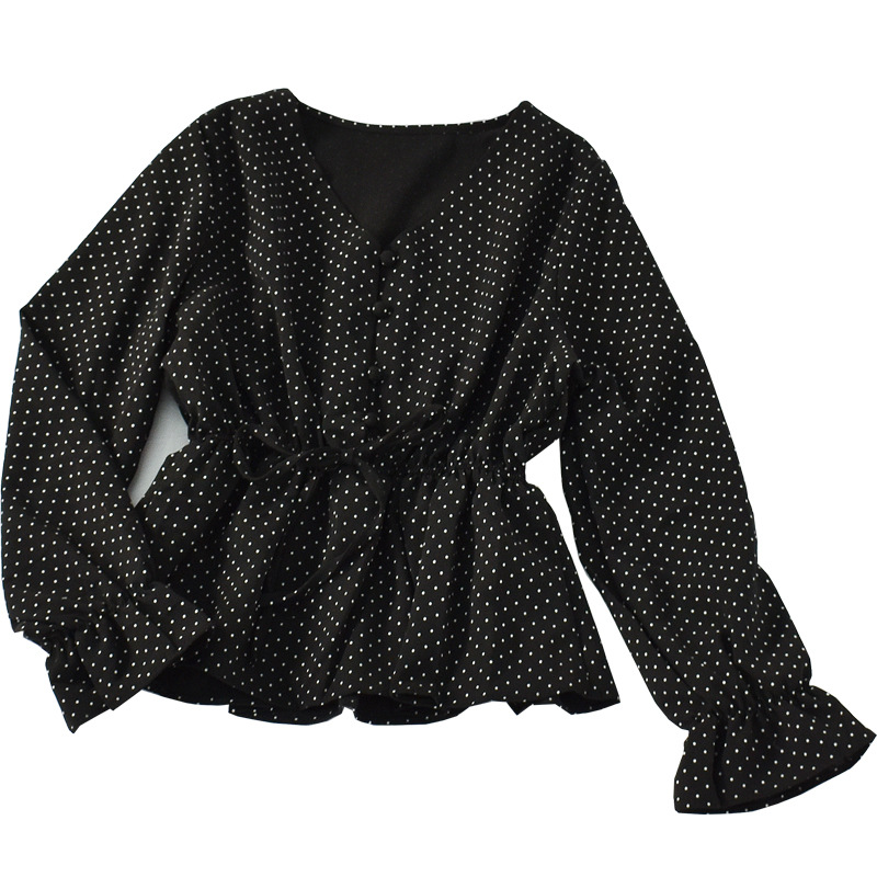 College Style V-Neck Polka Dot Long Sleeve Shirt