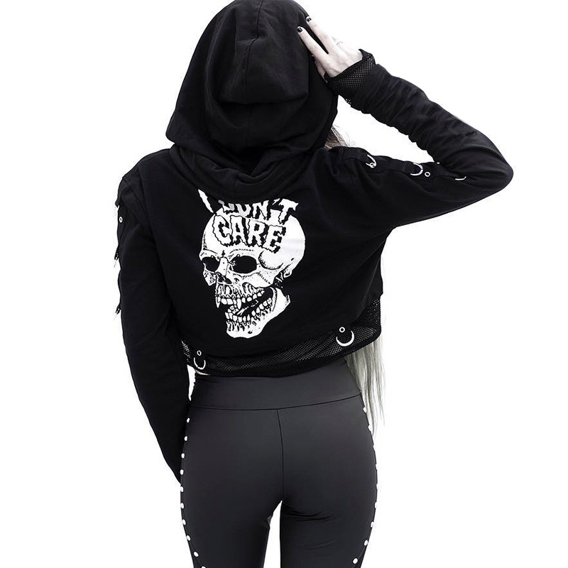 Fake Two Spliced Gauze Print Hoodie Female Crop Navel Skull
