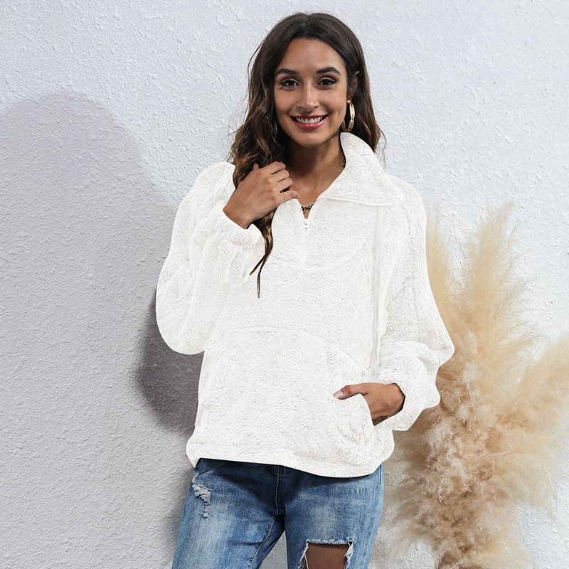 Drawstring Casual Plush Sweater With Zipper Pocket