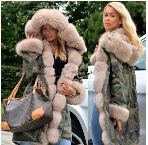Hooded camouflage coat Green Apricot Fur - Shop at LoveMi