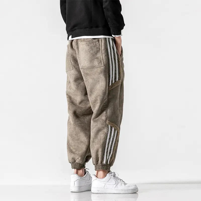 Winter Japanese retro striped stitching plus velvet thick deerskin casual pants