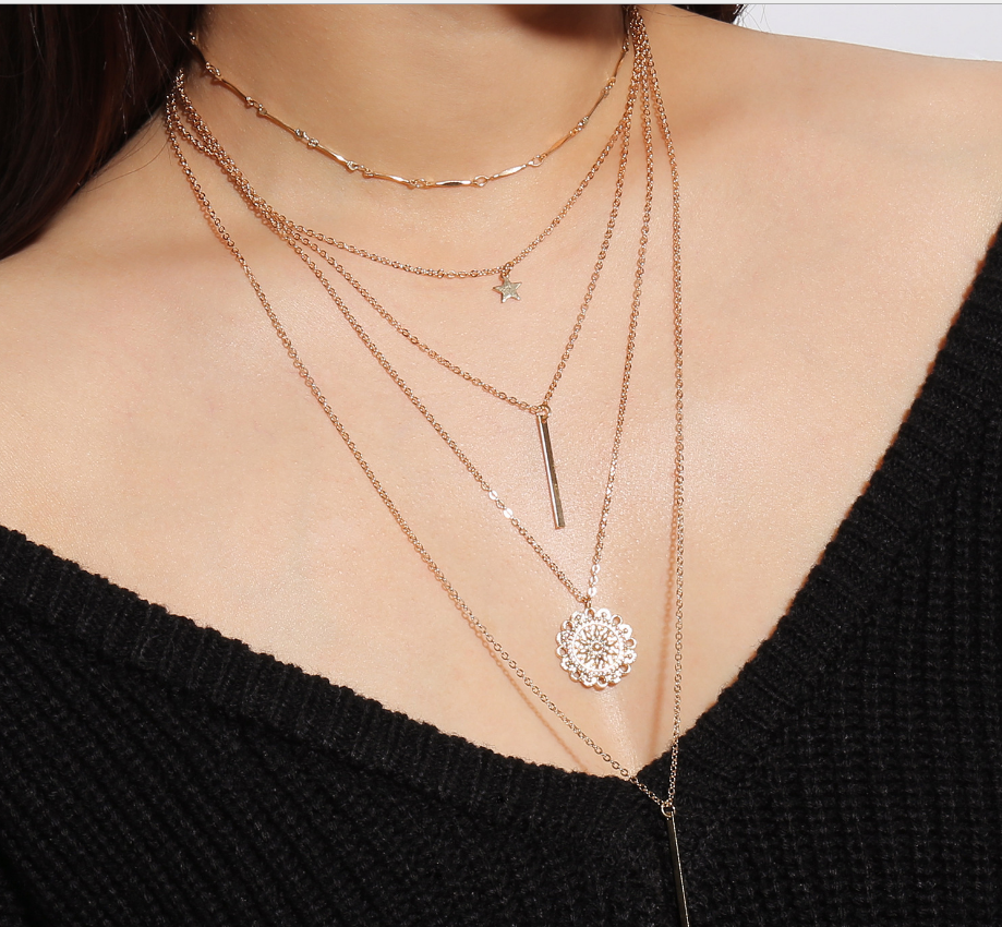 Retro Multi-Element Set Item Decoration Five-pointed Star Metal Rod Sun Flower Combination Necklace
