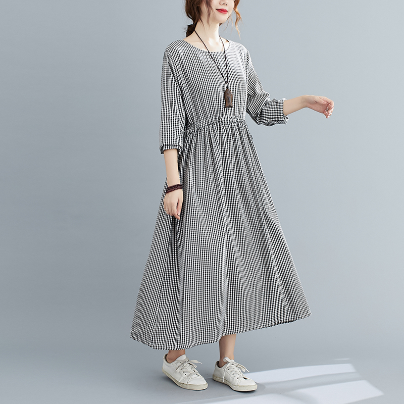 Literature and Art Large Size Dress Female Fat Sister Autumn New Drawstring Waist Show Thin Round Neck Plaid Medium Long Skirt