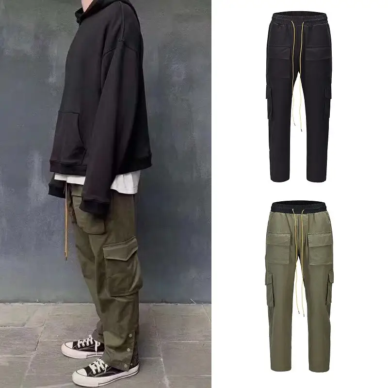 Drawstring INS multi-bag overalls men's casual trousers buttoned loose trousers
