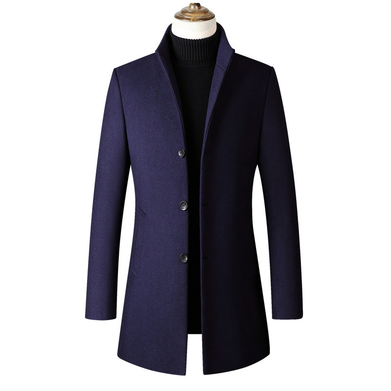 Mid-length Single-breasted Dtand-collar Woolen Trench Coat