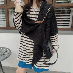 Women's Hollow Knitted Leather Buckle Shawl Spring Autumn - Black - View 1