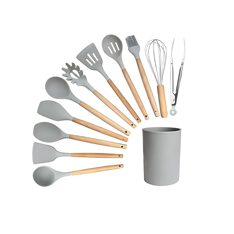 Kitchen Utensil Set 12 PCS Silicone Cooking Tools With Wooden Handle, Cooking Utensils Set Heat Resistant & Non-Scratch For Nonstick Pans, Utensil Set Includes Spatula, Spoon & Tongs, Kitchen Accessor