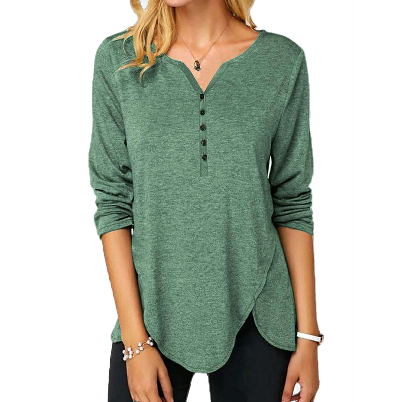 Women's Fashion Loose Irregular Hem Solid Color V-Neck Long Sleeve Top