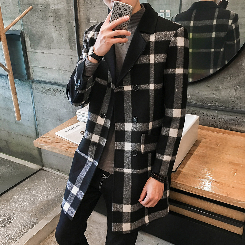 Plaid coat men's mid-length