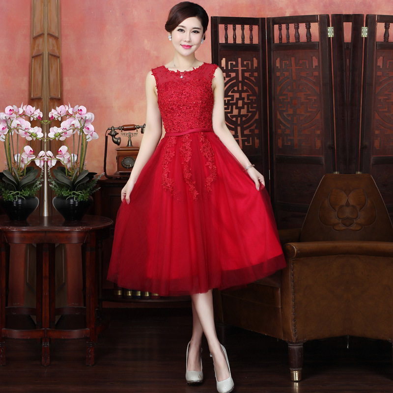 new mid length pink evening dress banquet double shoulder graduation dress Red Wine - Shop at LoveMi