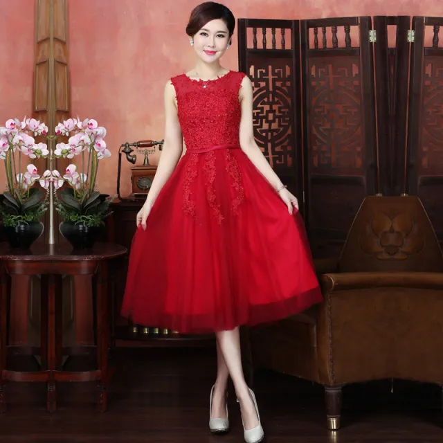 new mid length pink evening dress banquet double shoulder graduation dress Wine - Shop at LoveMi