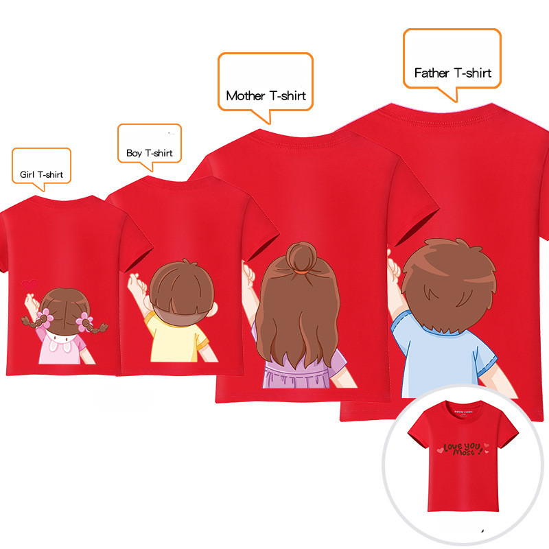 Family With Three Or Four Casual Short-Sleeved Round Neck t-Shirts