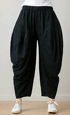 Original ethnic style women's jacquard pants spring and summer elastic waist pants trousers women Black - Shop at LoveMi