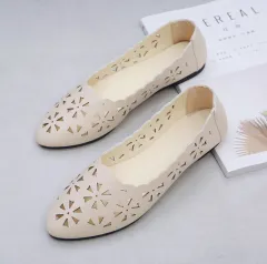 Women Flats Shoes Flat Flat Heel Hollow Out Flower Shape Nude Shoes Pointed Toe Shoes zapatos mujer - Beige - View 1