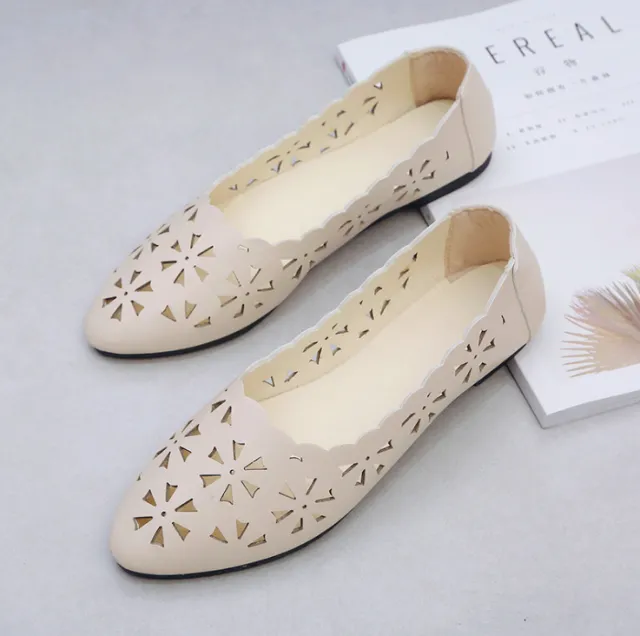 Women Flats Shoes Flat Flat Heel Hollow Out Flower Shape Nude Shoes Pointed Toe Shoes zapatos mujer Beige - Shop at LoveMi