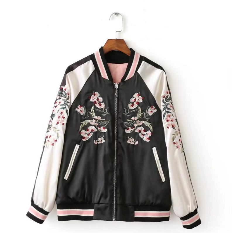 Flower Embroidery On Both Sides Wearing Stand Collar Quilted Baseball Uniform Jacket Cotton Coat