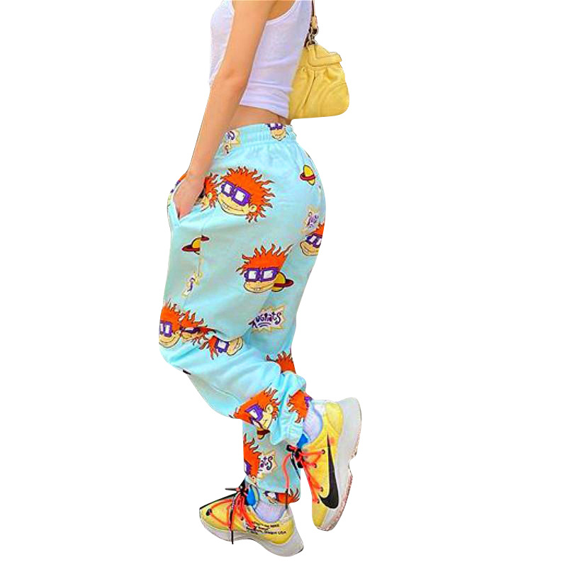 Casual Fashion Pattern Printed Loose-Fit Sports Trousers With Waist Rope