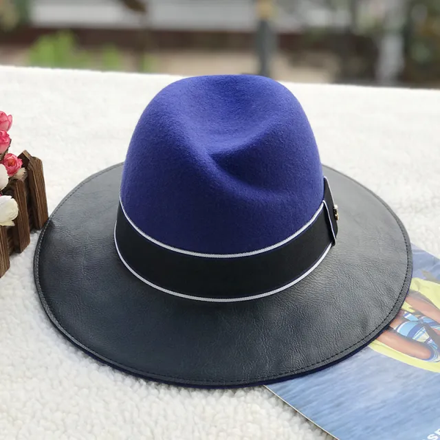 Wool Felt Hat And Leather Stitching Jazz Top Hat Blue - Shop at LoveMi