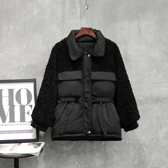 New Style Lamb Wool Stitching Cotton Jacket Black - Shop at LoveMi
