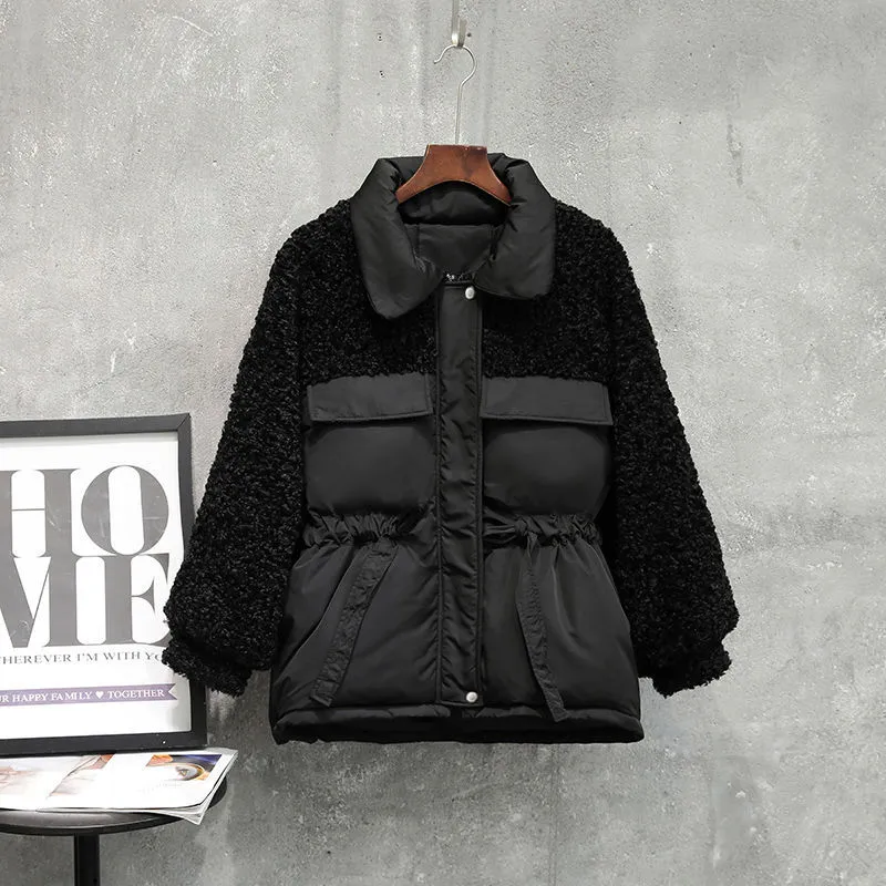 New Style Lamb Wool Stitching Cotton Jacket - Black