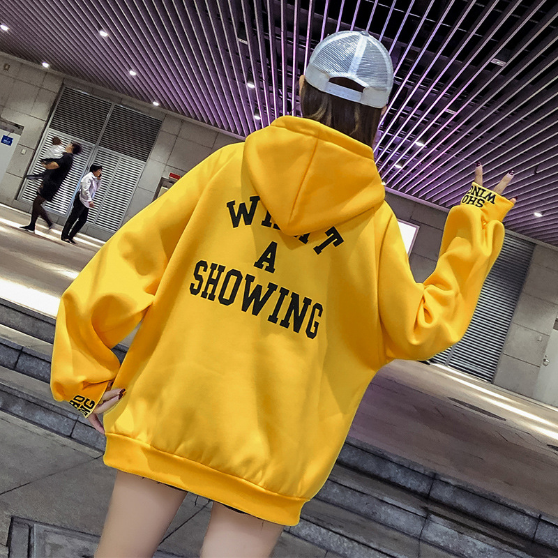 Solid color letter embroidery plus velvet sweatshirt Yellow - Shop at LoveMi