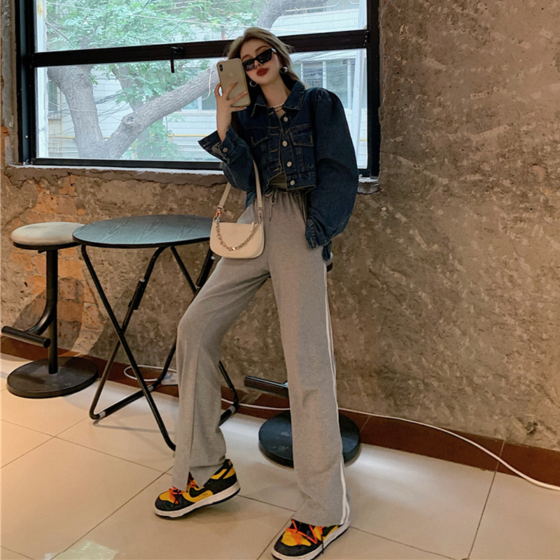 Lapel short cardigan all match long sleeved top trend Grey Pants - Shop at LoveMi