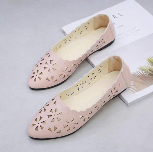 Women Flats Shoes Flat Flat Heel Hollow Out Flower Shape Nude Shoes Pointed Toe Shoes zapatos mujer Nude - Shop at LoveMi