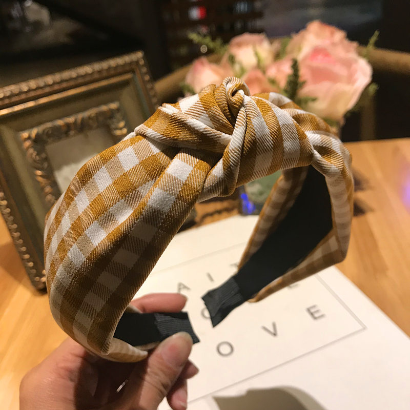 Knotted wide edge fabric cross hairpin Plaid Khaki - Shop at LoveMi
